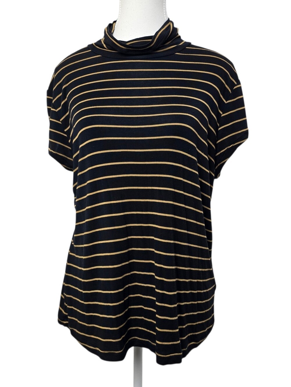 Cabi Mock Neck Black Brown Striped Cap Sleeve Blouse Top Size Large Officeware
